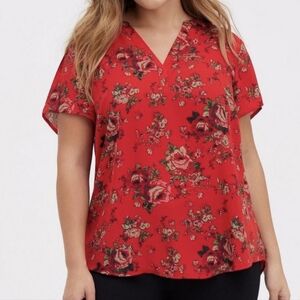 Torrid Tunic Blouse Floral V-Neck Retro Romantic Cottagecore Georgette Red 2X
